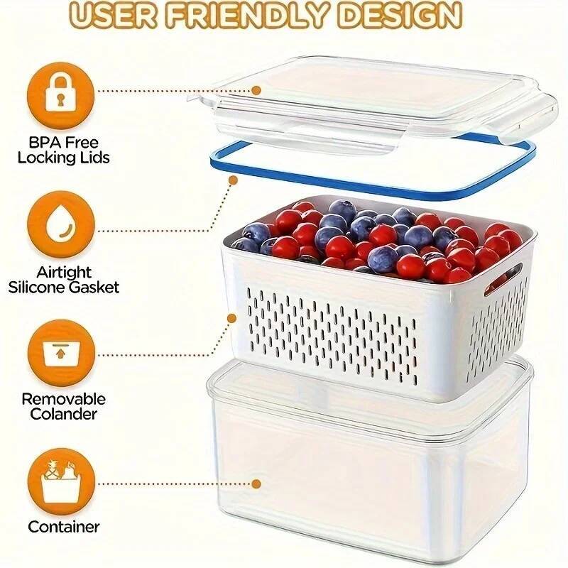 Fridge Food Container Set Lids With Strainer,Plastic Fresh Produce Saver Vegetable Fruit Meat Storage Organization