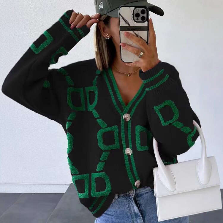 Autumn Winter Jacquard Knitted Coat Women Fashion V-neck Long Sleeve Single Breasted Knitting Cardigan Coats Female Streetwear