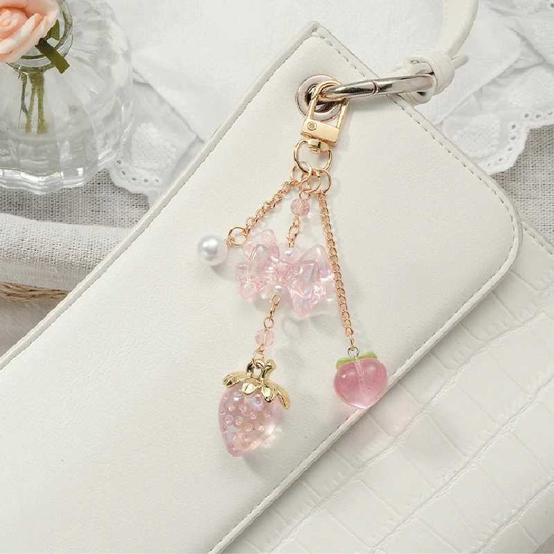 Y2K Bowknot Strawberry Keychain for Women Exquisite Sweet Flower Peach Bag Pendant Cute Romantic Accessorymobile Phone Chain M251215