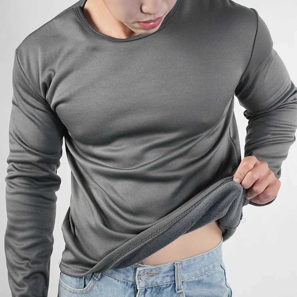 2pcs Winter Thermal Underwear Mens O Neck Fleece Bottoming Shirt Long Sleeved T Shirt Tops Solid Color Large Size Undershirt G251215