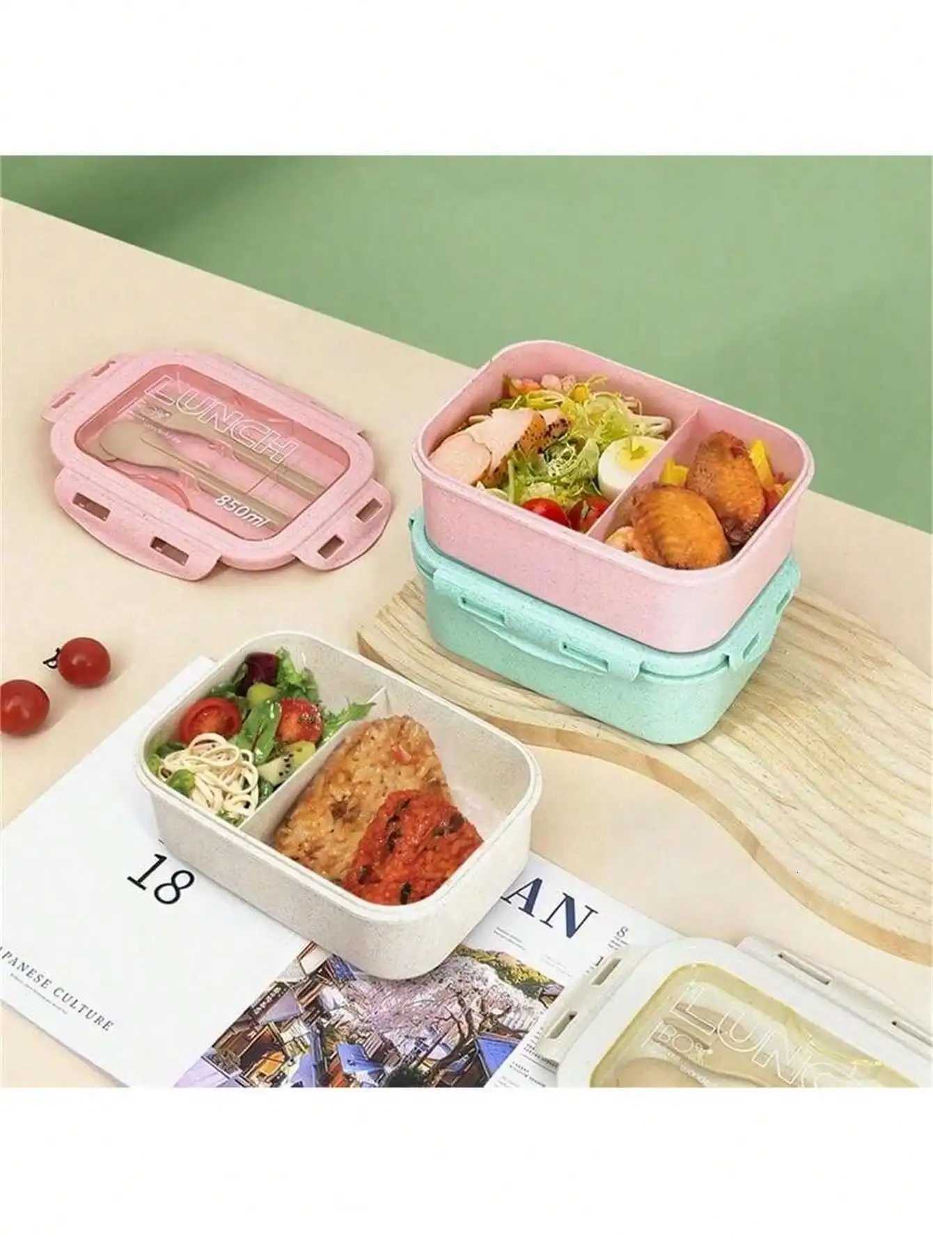 1pc lunch box with two cpartments built-in cutlery set reusable and microwave heated with lid removed suitable for kitche H251213