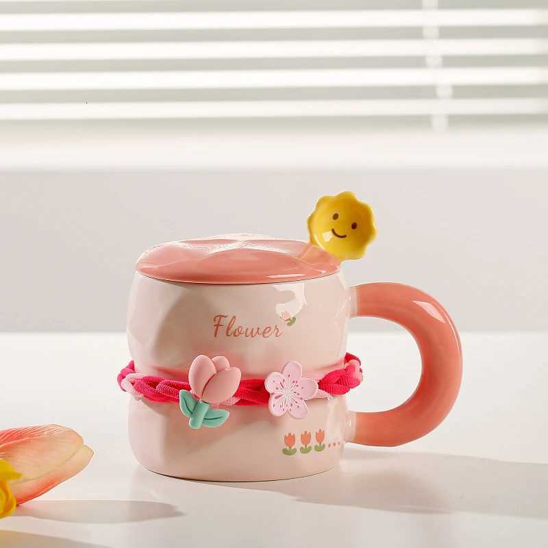 Girls Household Lovely Flower Ceramic Cup with Lid Spoon Advanced g Tip Cup H251215