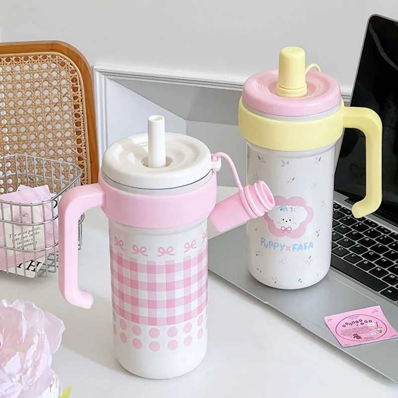 1000ML Thermos Water Cup For Girls Ice Coffee Cup With Handle Straw Tumbler Large Capacity 316 Stainless Steel Insulated Cup H251215