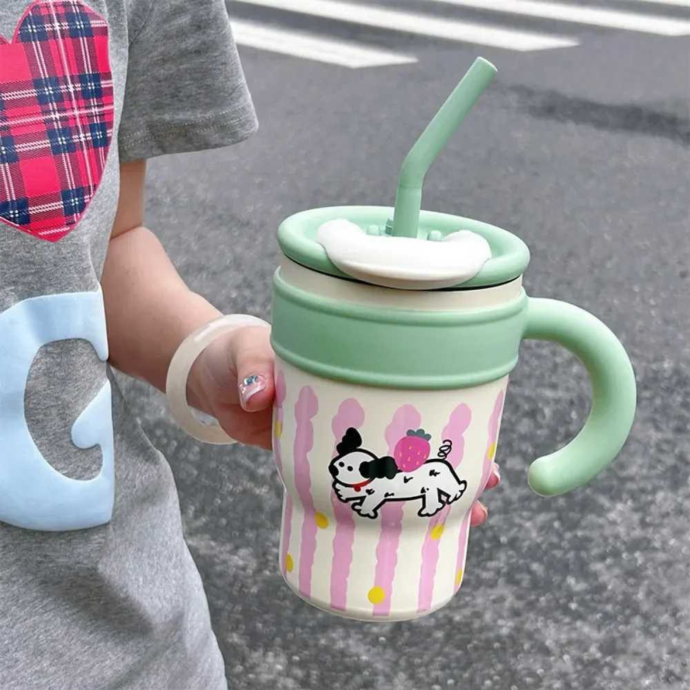 700ML Tumbler with Handle Lid Straw Cute Cat Thermos Cup Stainless Steel Water Bottle Outdoor Travel Car Coffee Mug Holiday Gift H251215