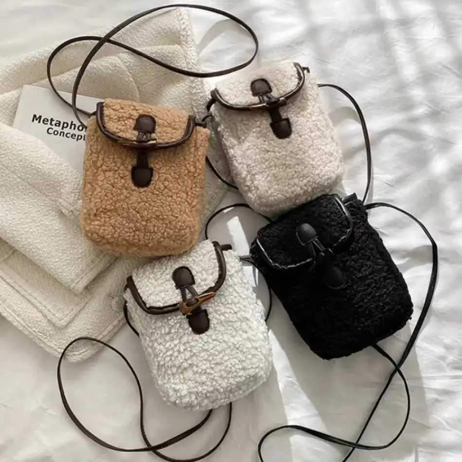 1 Pcs Womens Retro Lamb Fleece Bag Color Blocking Minimalist Mobile Phone Bag Single Shoulder Crossbody Small BagT251215