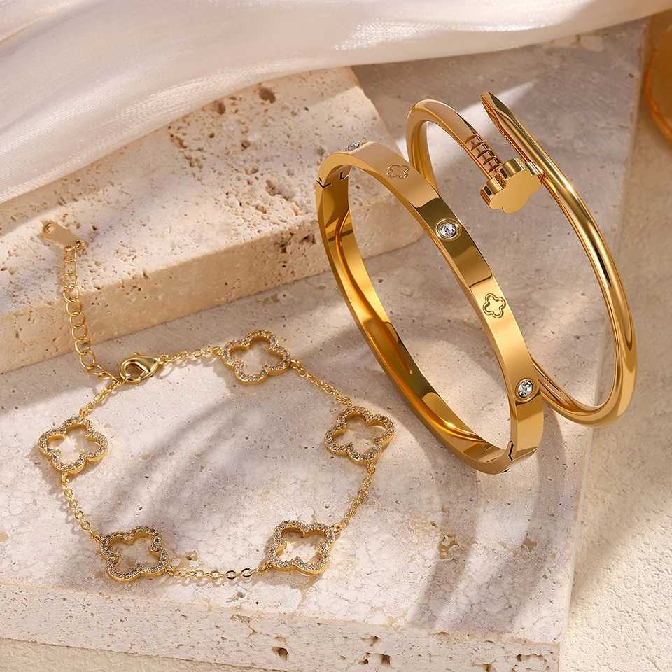 Yupsk 3Pcs StainlESS Steel 18K Gold Plated Flower nails Stacked Bracelet Bangles Shiny Zircon Couple Jewelry Gift G251215