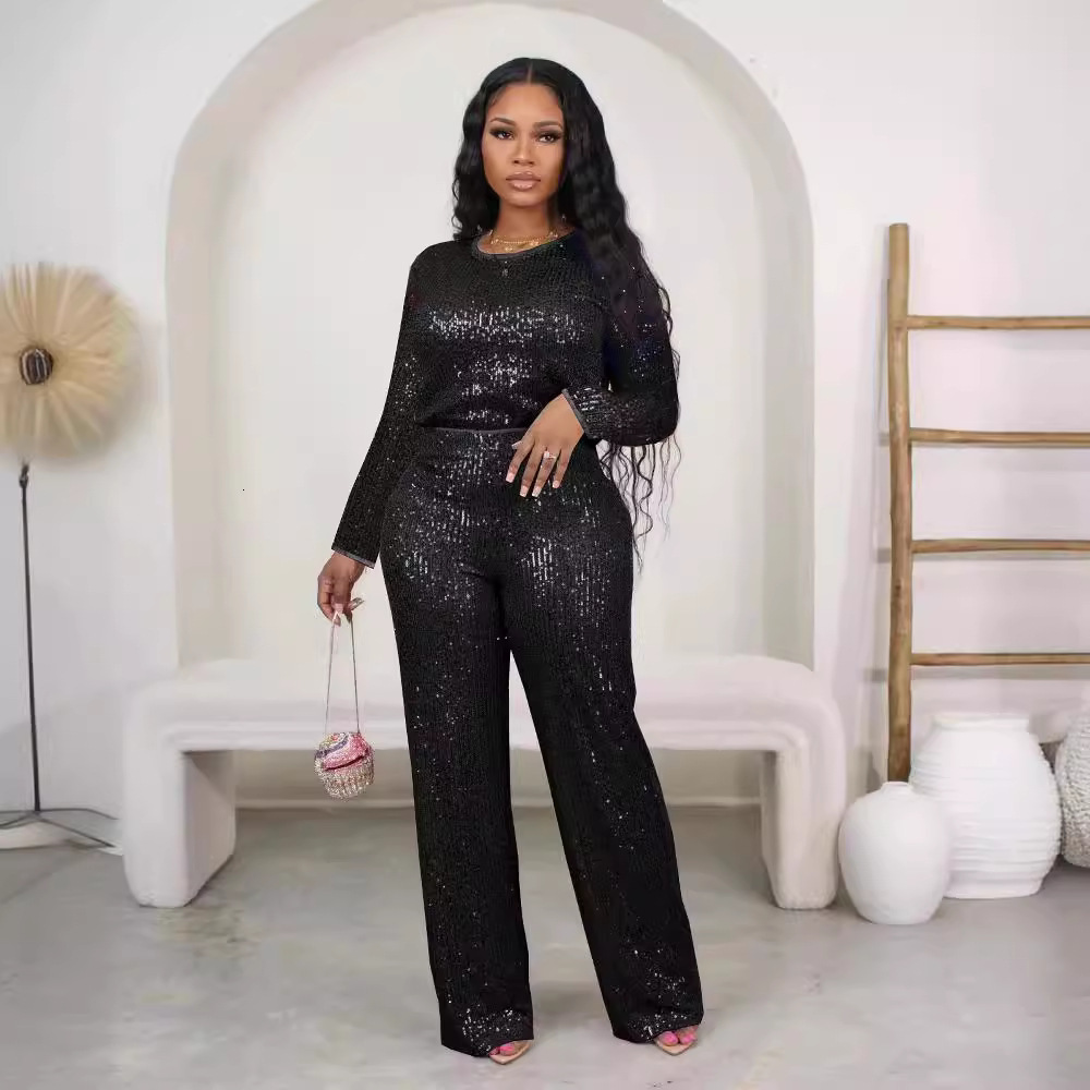 LW Plus Size Two Piece Velvet sequin Zipper Top and Pants Set Fashion Party Evening Dress Womens Set 241118