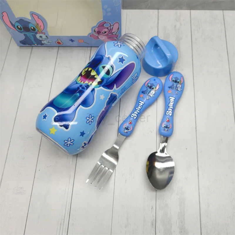 Disney 3Pcs Set Disney-Anime Stitch Water Bottle Set for Kids Portable Tableware Cartoon Childrens Spoon Fork Outdoor Gift H251215