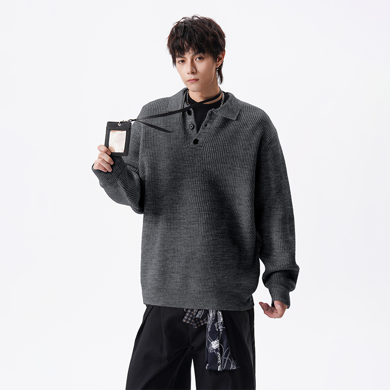 Unisex Casual Oversized Polo Sweater - Rib Knit Loose-Fit Pullover, Warm Comfortable Knit Top for Daily Outfits-M451