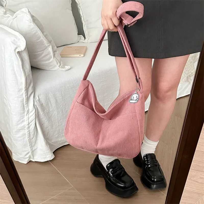 Womens Corduroy Shoulder Bag Casual Striped Large Capacity Tote with Zipper Closure Cute Hat Patch Perfect for Everyday UseT251215