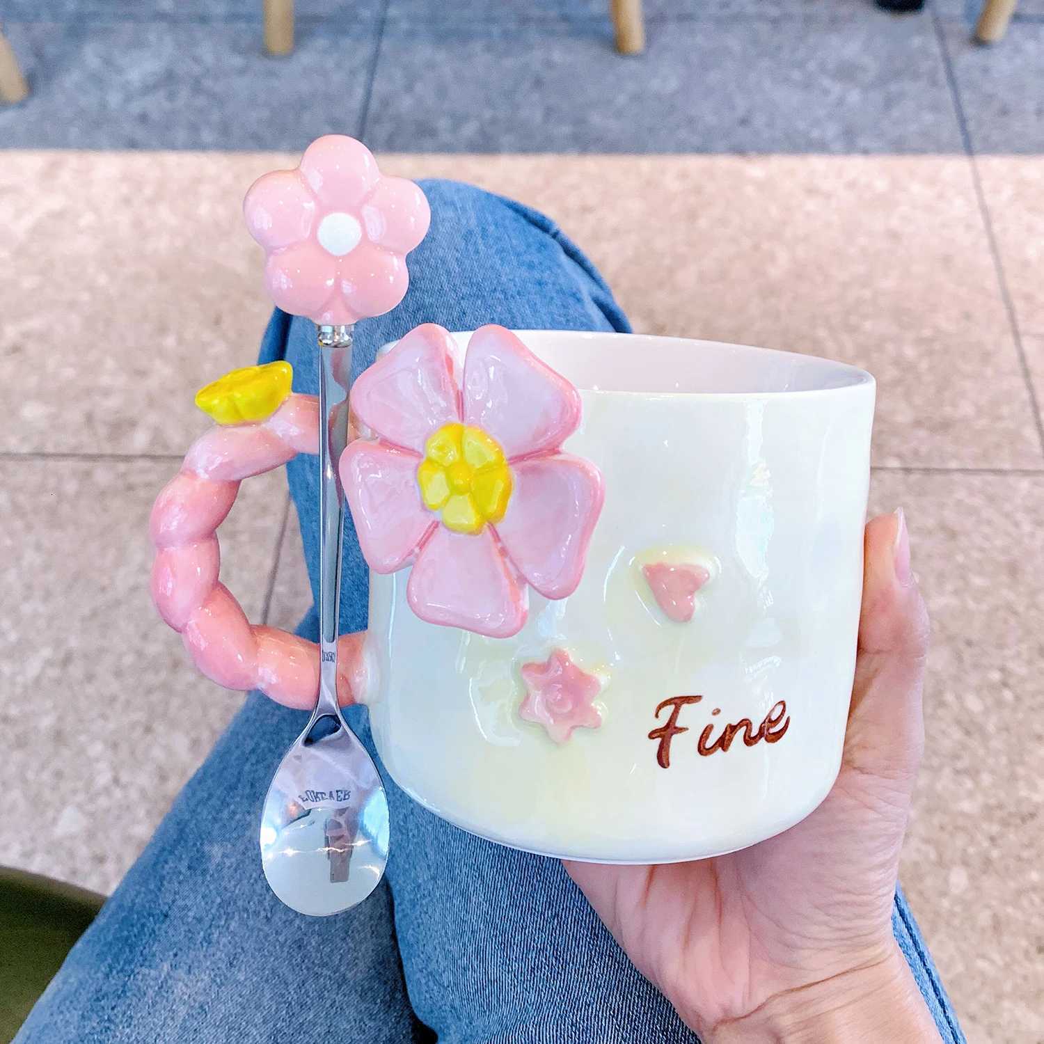 500ml Large Capacity Ceramic g With Spoon Hand Drawn Flower Pattern Blue Water Cup Cute Girl He Off Coffee g H251215