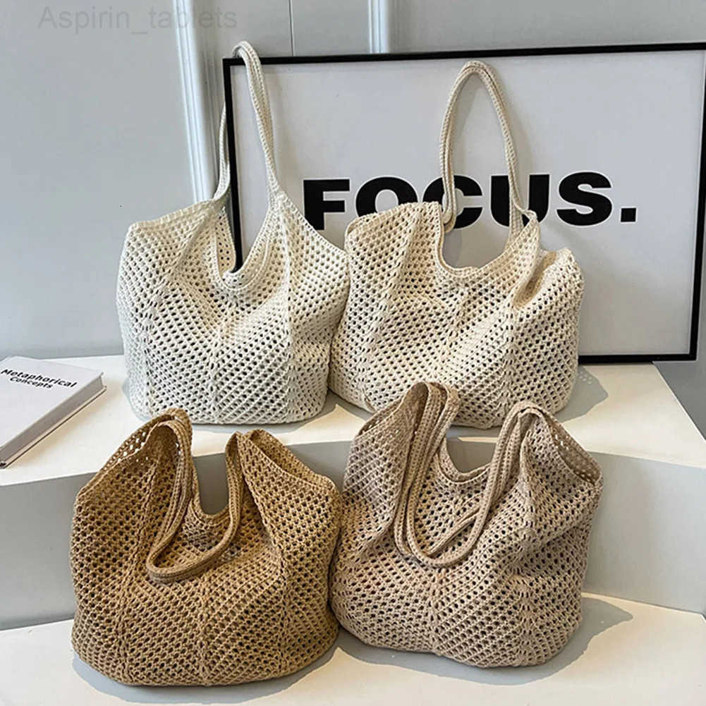 Retro Hand Knitted Shoulder Bag Fashion Womens Hollow Woven Handbag Large Capacity Solid Crochet Tote Bag Summer Mesh Beach Bag H251215