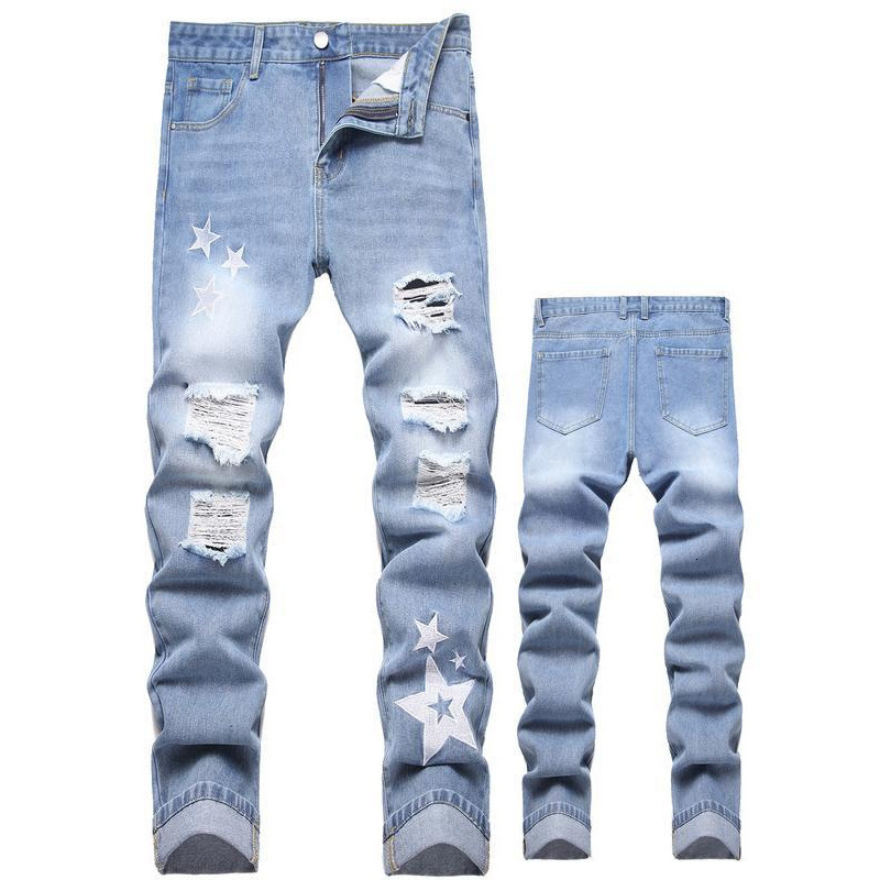 Black Y2K Jeans Mid Rise Straight Leg Man Pants with Silver Star Distressed Ripped Denim Clothing Hip Hop Male Streetwear250828