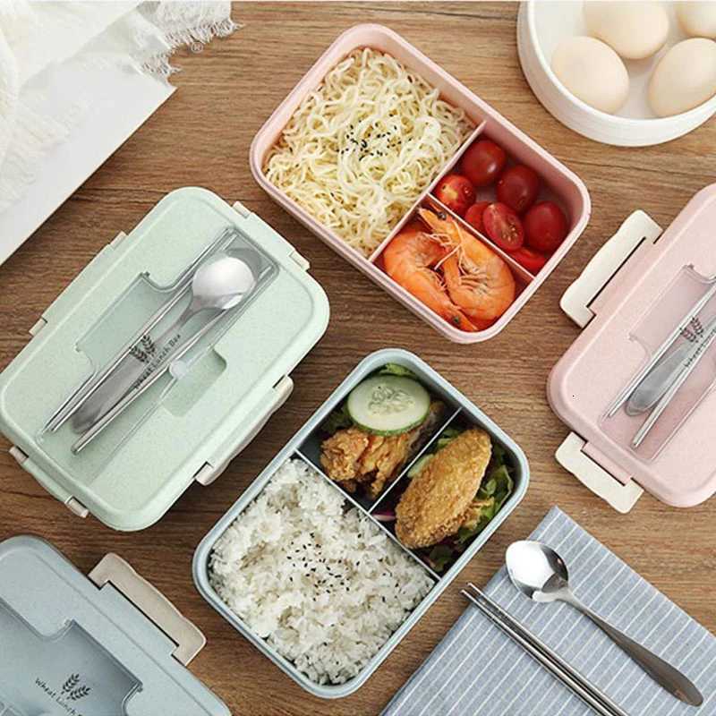 Hot Lunch Box with Spoon Chopsticks Wheat Straw Dinnerware Food Storage Container Children Kid School Off Microwave Bento Box H251213