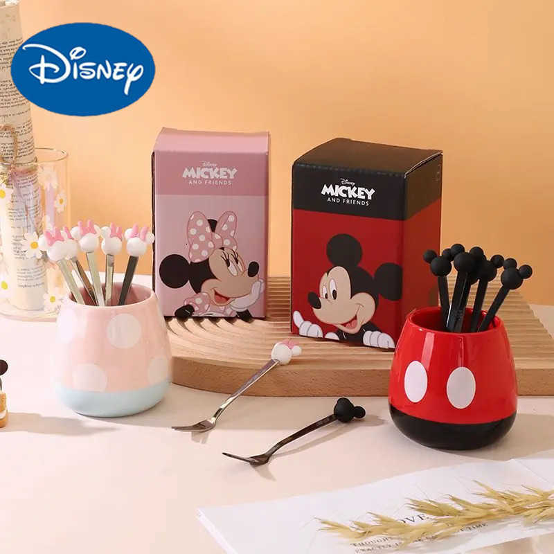 Disney Kawaii Mickey Minnie stainless steel fruit fork set household child safety fork with storage ceramic jar gift wholesale H251215