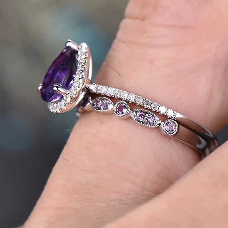 Purple Cubic Zircon Set Rings for Women Wedding Party Temperament Elegant Lady Accessories Fashion Jewelry M251215