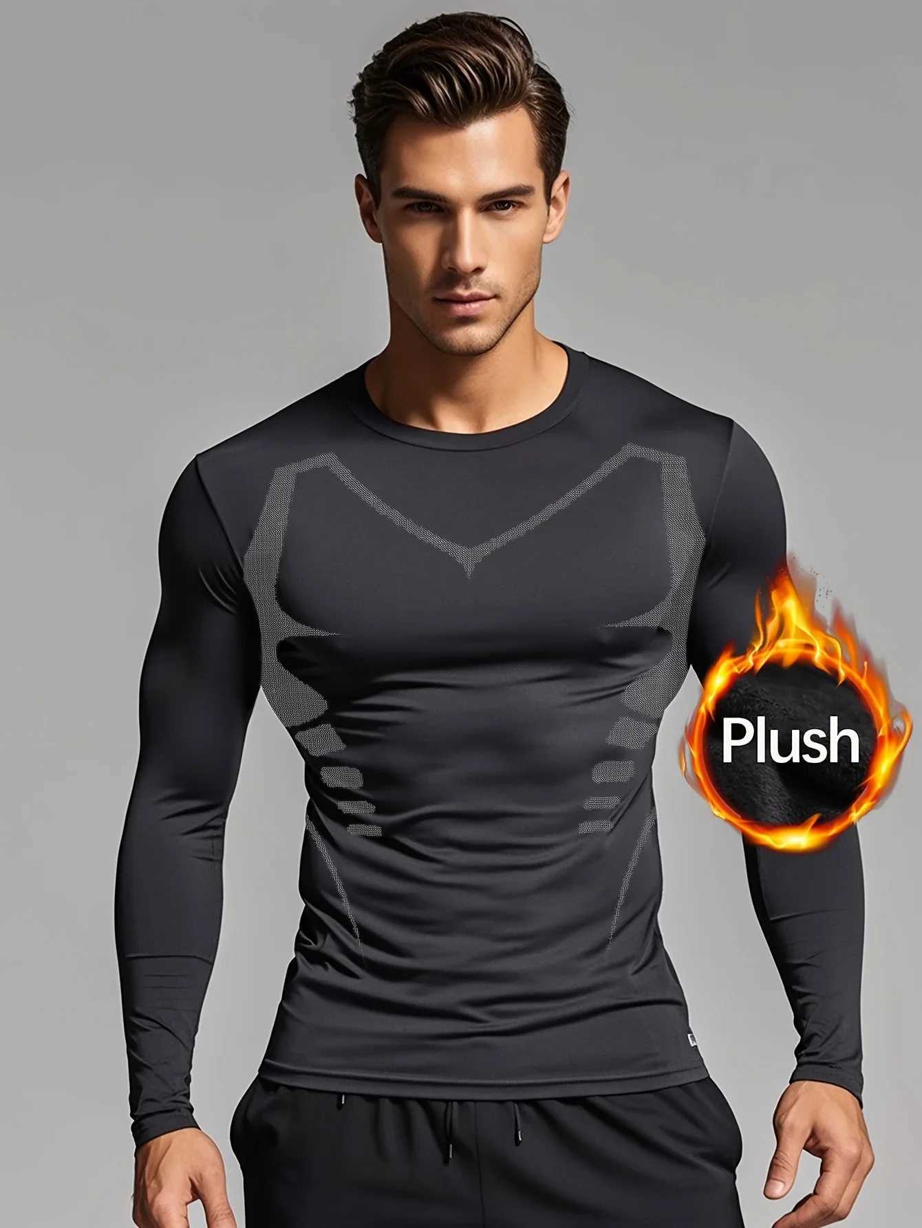 Autumn and winter high neck fitness long sleeve men sports running warm tight jacket quick dry elastic compression T-shirt G251215