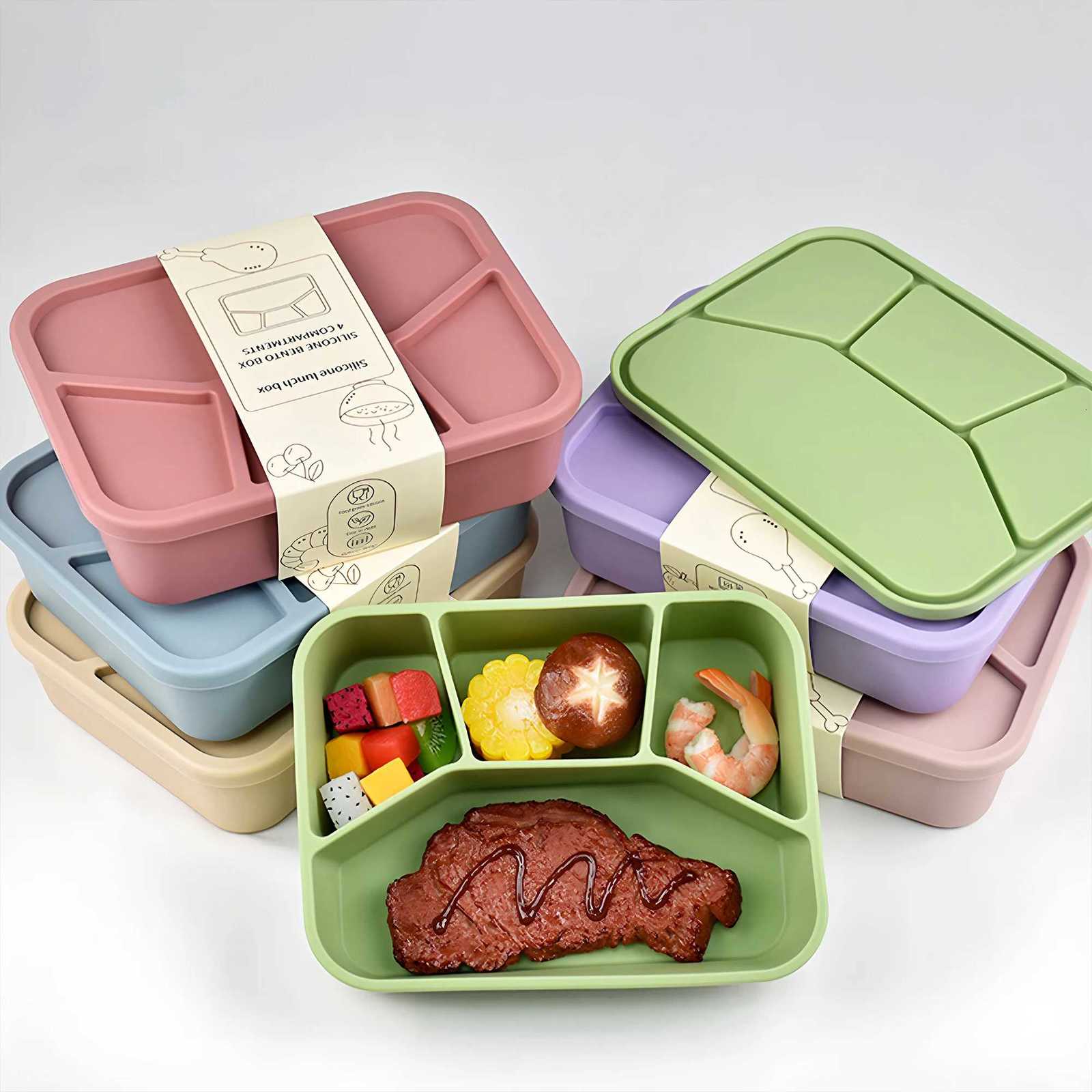 Silicone Bento BoxFourCpartmentsReusable Silicone Lunch BoxThicke and Leak-Proof Food-Grade Divided Lunch back to school H251213