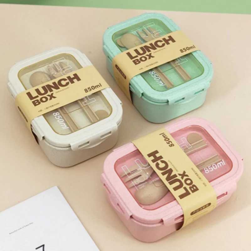 850ml Divided Lunch Box Portable Large Capacity Microwae Bento Box with Fork and Spoon Food Storage Container for School Camping H251213