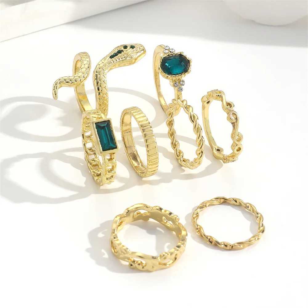 8Pcs/Set Ins Style Vintage Faux Gemstone Snake Twist Ring For Women Retro Ocean Wave Geometric Setting Rhinestone Ring Set M251215