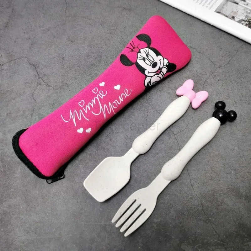 Disney Cartoon Stainless Steel Cute Mickey Mouse Children Portable Tableware High-Pretty Student Cloth Bag Spoon Fork Set H251215