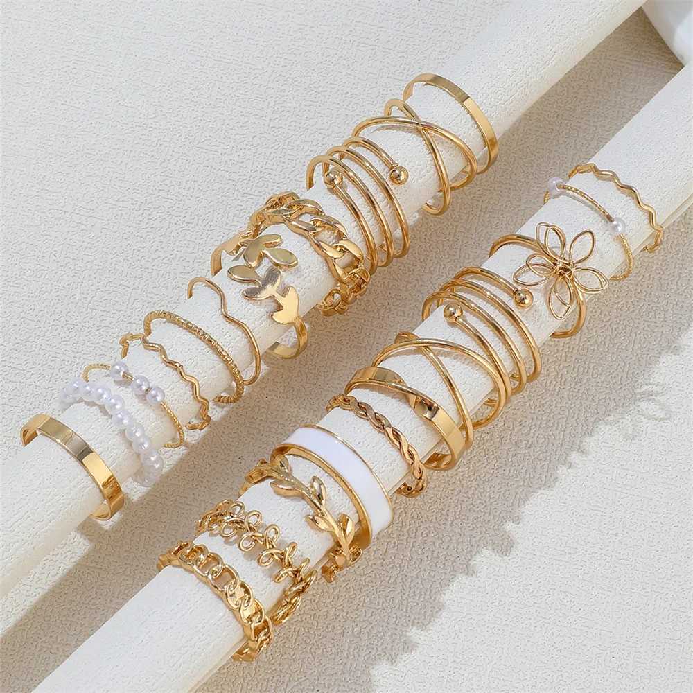 22Pcs/Set Bohemian Style Faux Pearl Vintage Leaves Layered Cross Geometric Multi-Element Ring Suitable For Womens Daily Wear M251215