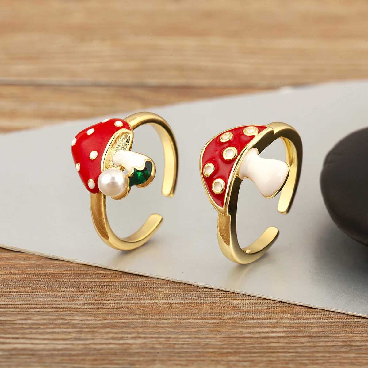 Nidin New Style Mushroom Shape Inlaid Zircon Pearl Enamel Drip Opening Adjustable Rings For Women Girl Cute Sweet Finger Jewelry M251215