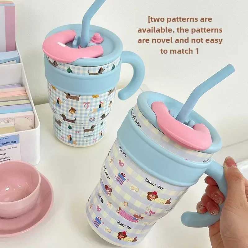 1200ml Cute Water Bottles Large Capacity Thermos Bottle with Straw 700ml Coffee Cup Birthday Gift Travel Mugs with Handle H251215