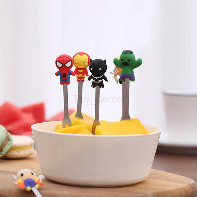 Disney Marvel Avengers Cutlery Anime Figure Iron Man Spiderman Hulk Stainless Steel Silicone 8pcs/Set Fruit Forks H251215