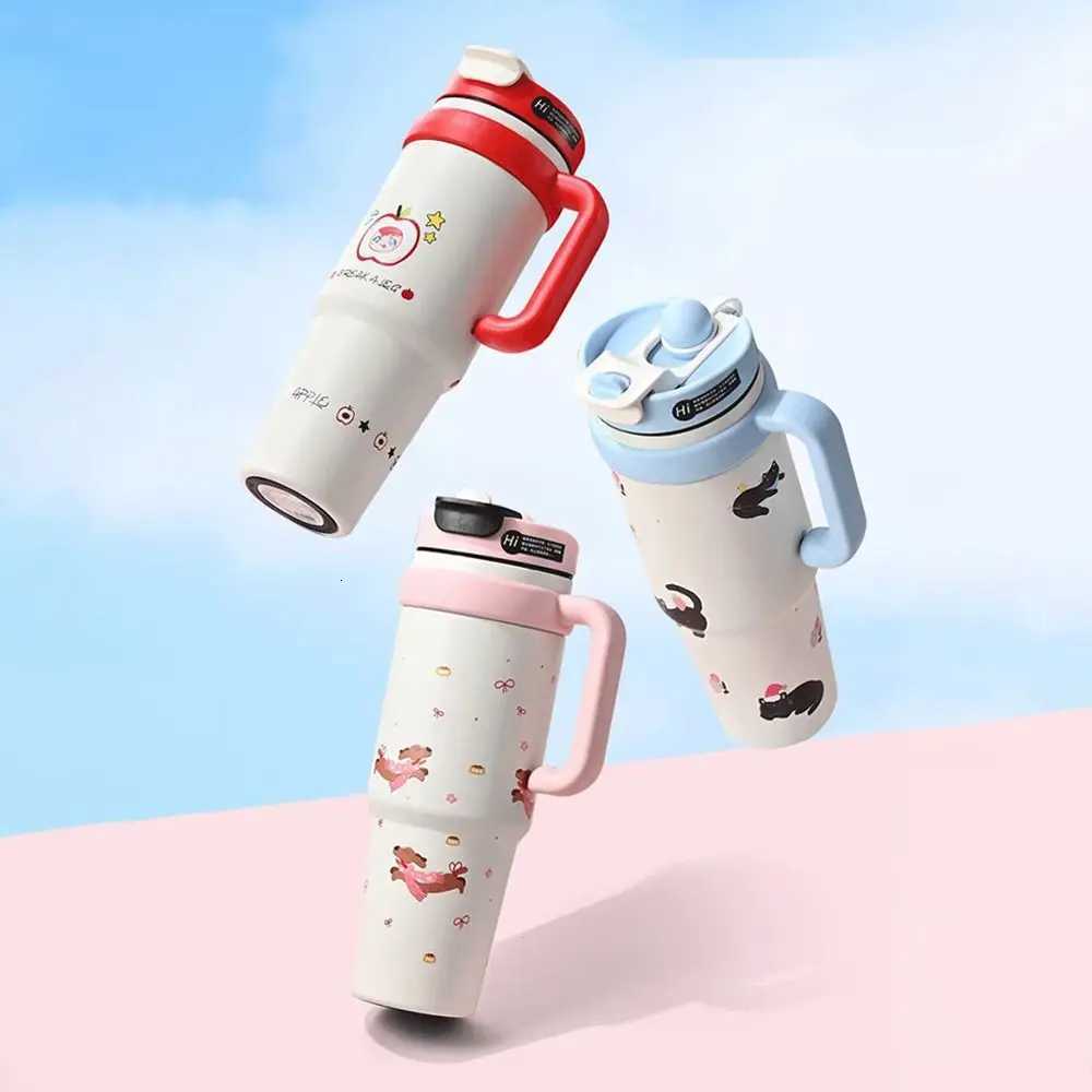 1000ML Cartoon Vacuum Cup With Lid And Straw 316 Stainless Steel Thermal Water Bottle Gift With Handle Insulated Tumbler Car Cup H251215