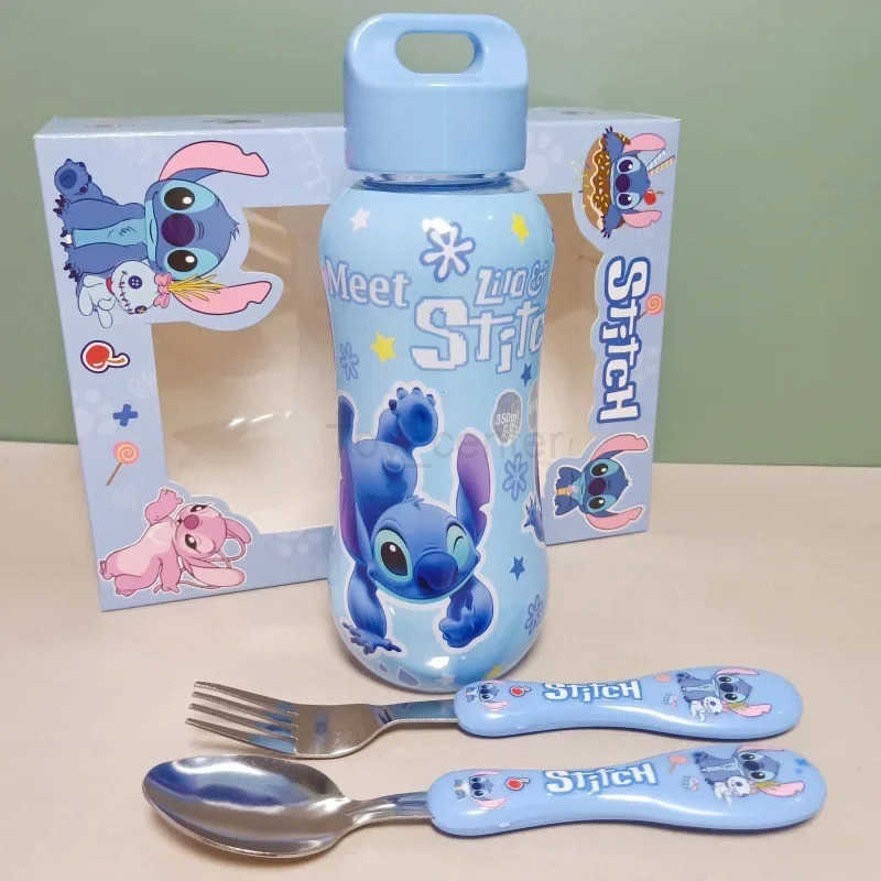 Disney 3pcs/set Anime Stitch Water Bottle Set Cartoon Cute Childrens Spoon Fork Water cup Kids outdoors Portable Tableware Gift H251215
