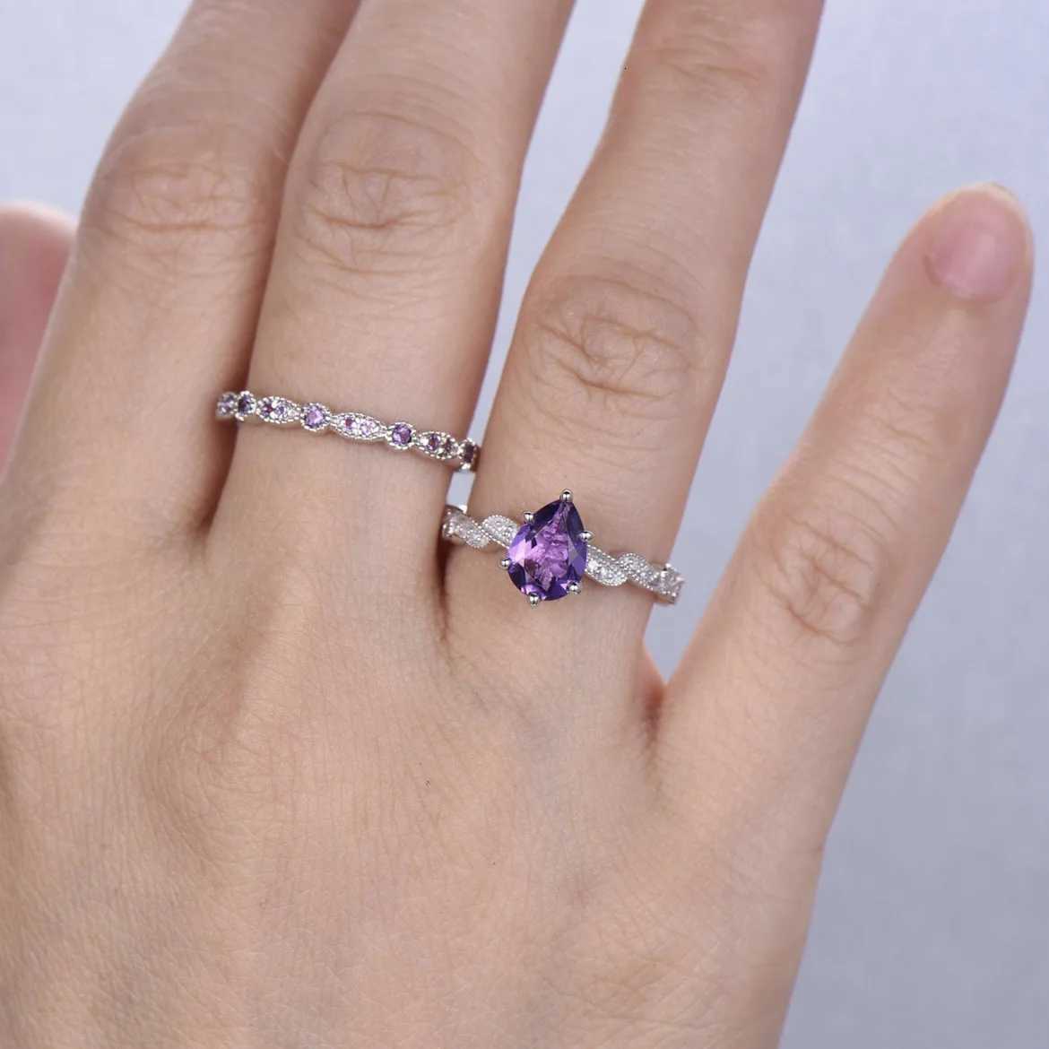 European And American Elegant Water Drop-Shaped Purple Stone Inlaid Double-Layer Womens Luxury Personalized Fashion Party Ring M251215