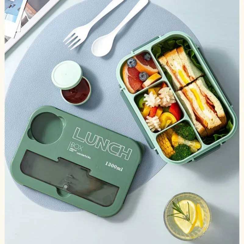 1300ML Portable Lunch Box with Sauce Box Fork and Spoon Microwave Food Cpartment Storage Container Kids Student Bento Box H251213