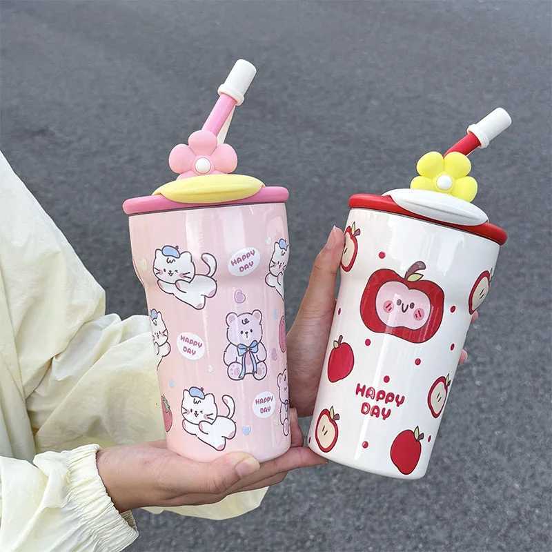 1pc Cute Cat Apple Insulated Water Cup 690ML Desktop Anti-Slip Straw CupDual-Drinking Coffee Mug H251215