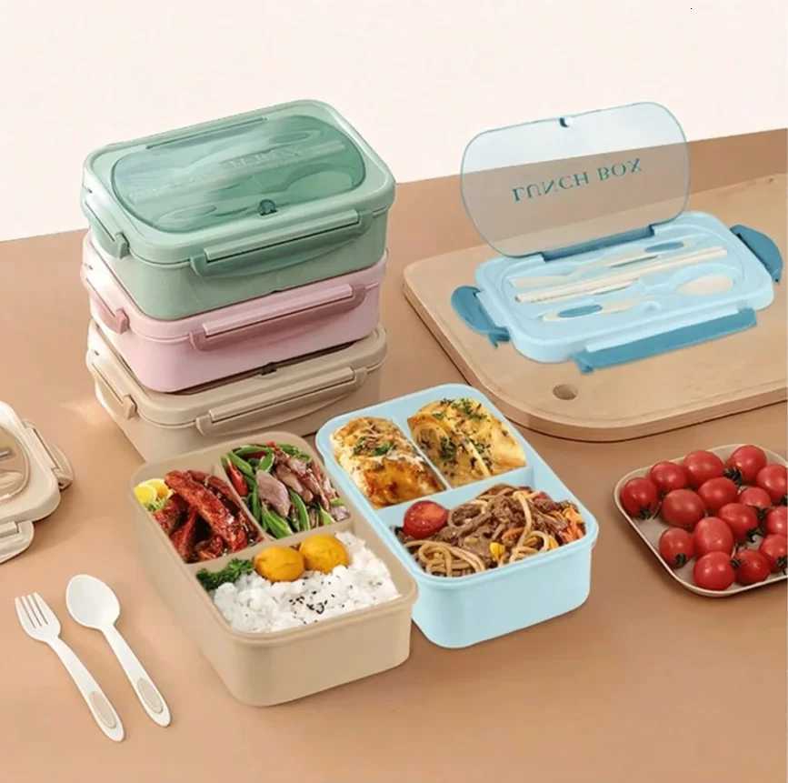 Set bento box for adts 3 cpartments can be placed in microwave and dishwasher with knife fork spoon and chopsticks H251213