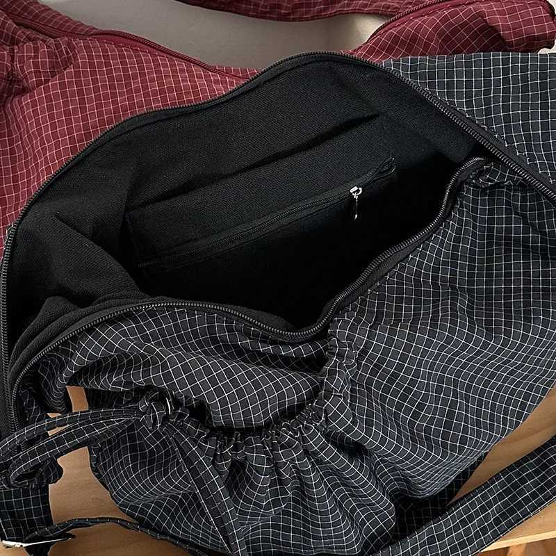 Retro Plaid Hobos Shoulder Bags for Women Drawstring Pocket Nylon Dumpling Bag Large Capacity Portable Travel Messenger BagT251215