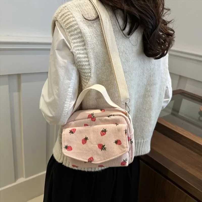 Cute Strawberry Printing Womens Shoulder Bag Large Capacity Corduroy Hobos Crossbody Bag Female Shopping Work Date Party BagsT251215