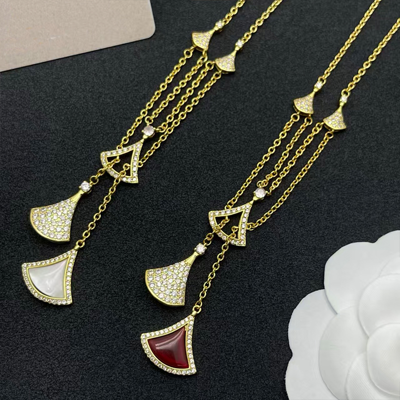2025 Brand BV Necklace Luxury Full Diamond Skirt Necklace Fashion Double layered Fan shaped Mother Shell Pendant Designer Necklace for Women