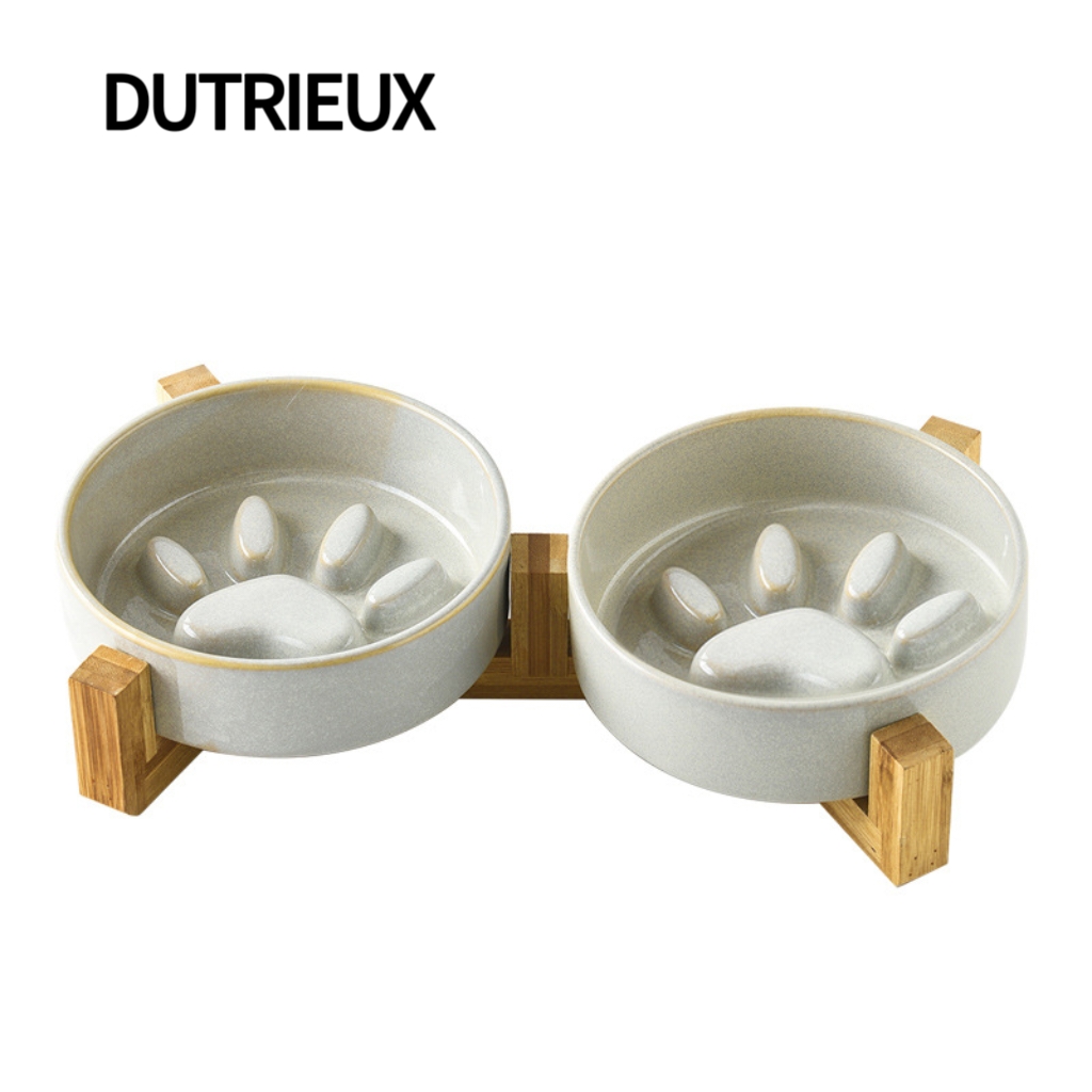 K3392 Japanese-style handmade ceramic pet slow feeder bowl, anti-spill cat and dog bowl.