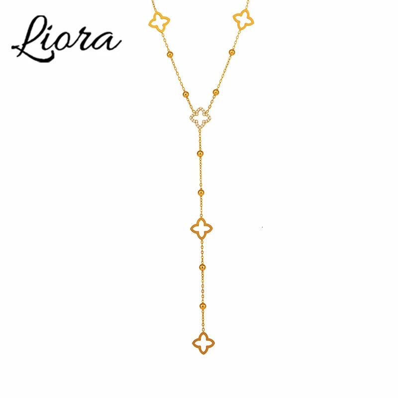 Liora Exquisite Zircon Luck Clover Long Chain Stainless Steel Necklaces For Women Metal Female Collar Wedding Banquet Jewelry 251213