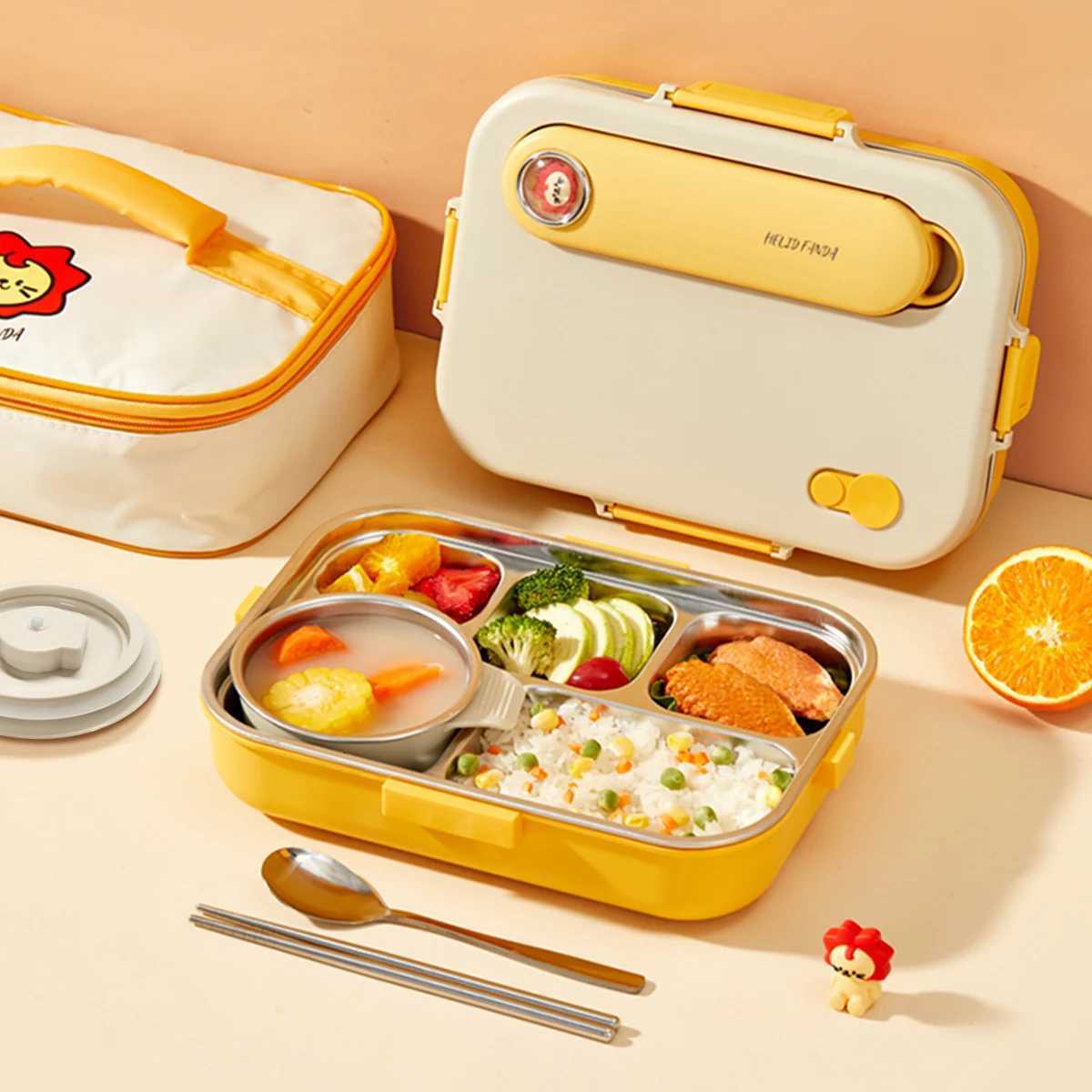 4/5 Grids Portable Bento Box With Bowl Cutlery 304 Stainless Steel Divided Lunch Box Microwave Heatable Lunch Container Set H251213
