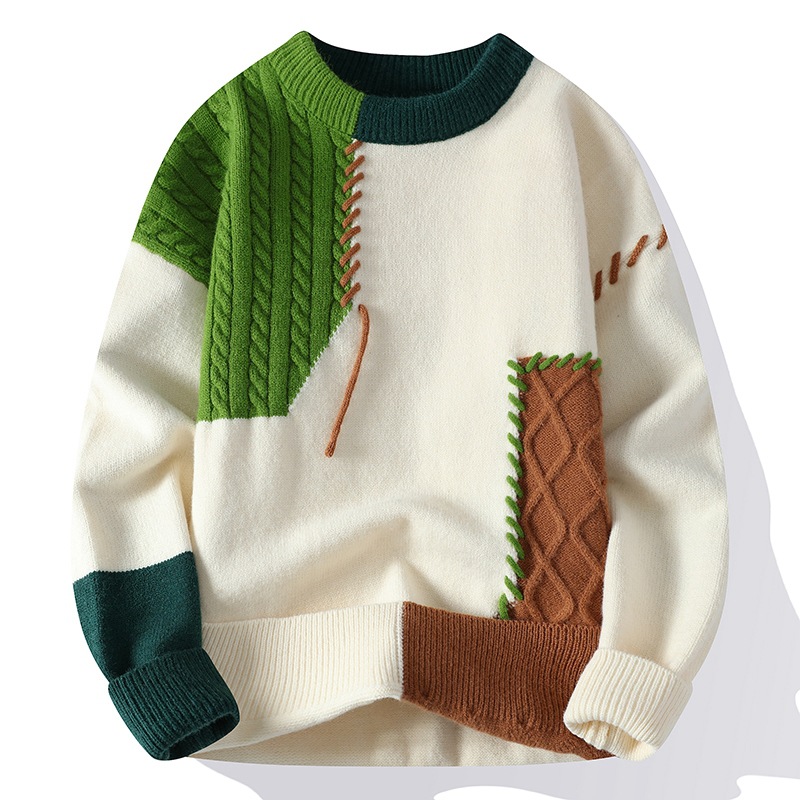 Patchwork Knit Sweater for Men - Color-Block Twist Pattern Trendy Brand Loose Warm Outerwear for Autumn & Winter
