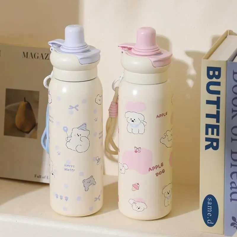 Cute Cartoon Fashion Straw Cup Large Capacity Student Dual Water Bottle Stainless Steel Insulated Flask Bow Bear Pattern H251215
