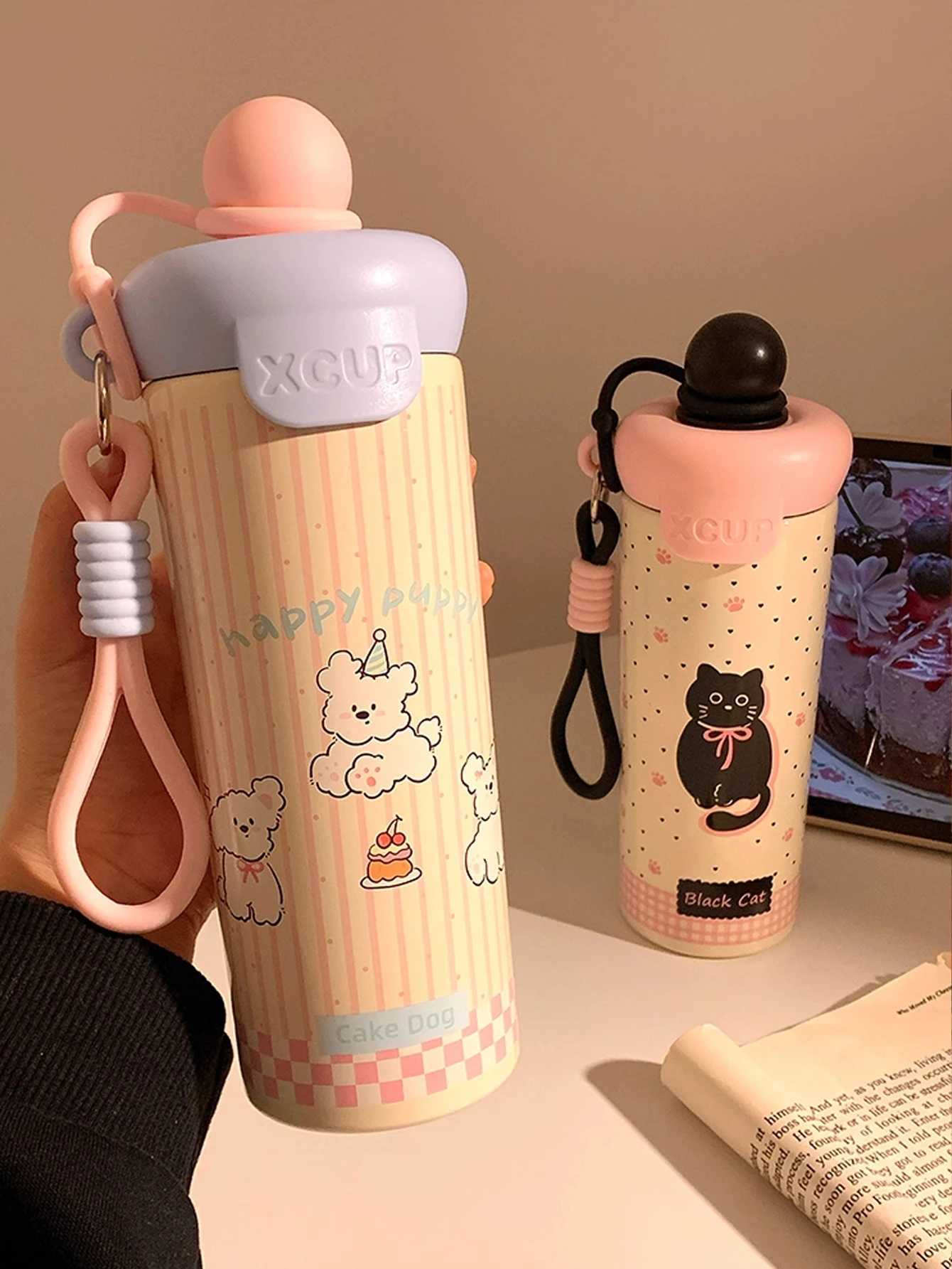 1pc 650ml cute and fashionable double-layer stainless steel insulated and chilled water bottle with a handle H251215