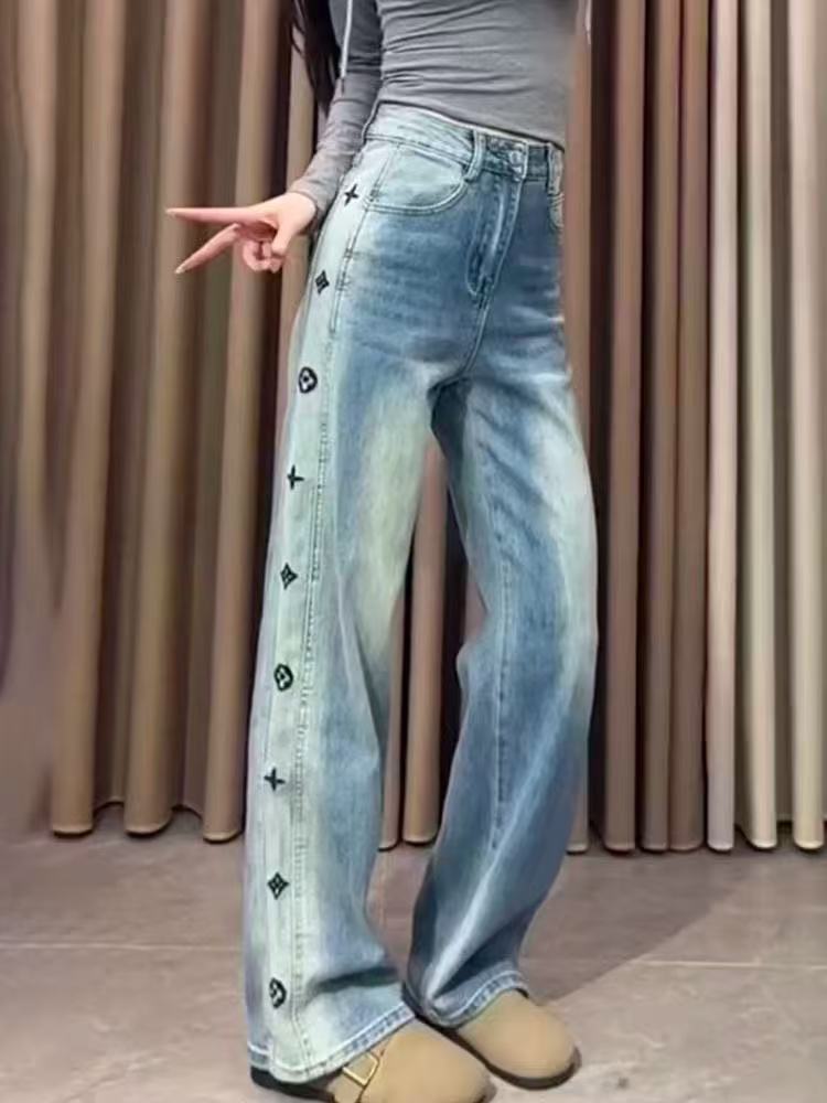 Plus size street clothing retro fashion high waist wide leg trousers letter hip-hop style loose women's jeans can be worn to 200 kg. Z260313