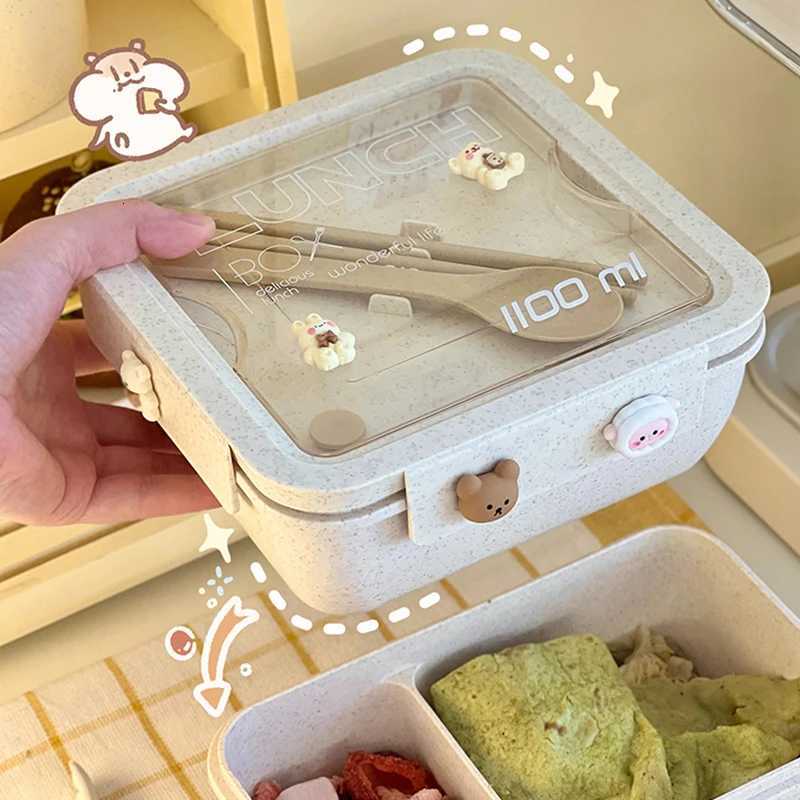 1100ML Lunch Box For Kids School Adts Off Wheat Straw Microwave Picnic Storage Portable Big Bento Box With Spoon Chopsticks H251213