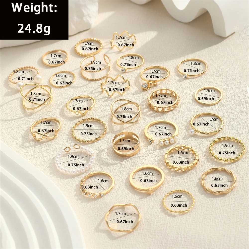 28Pcs/Set New Fashion Senior Diamond Imitation Pearl 8-figure Metal Creative Cross Hollow-out Multi-opening Splicing Ring M251215