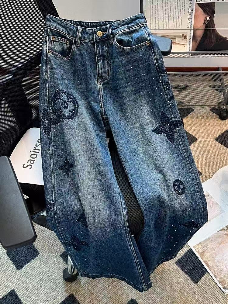 Plus size women's jeans street clothing retro fashion high waist wide leg jeans women's trousers letter hip-hop style loose jeans women's jeans can be worn to 200 kg.