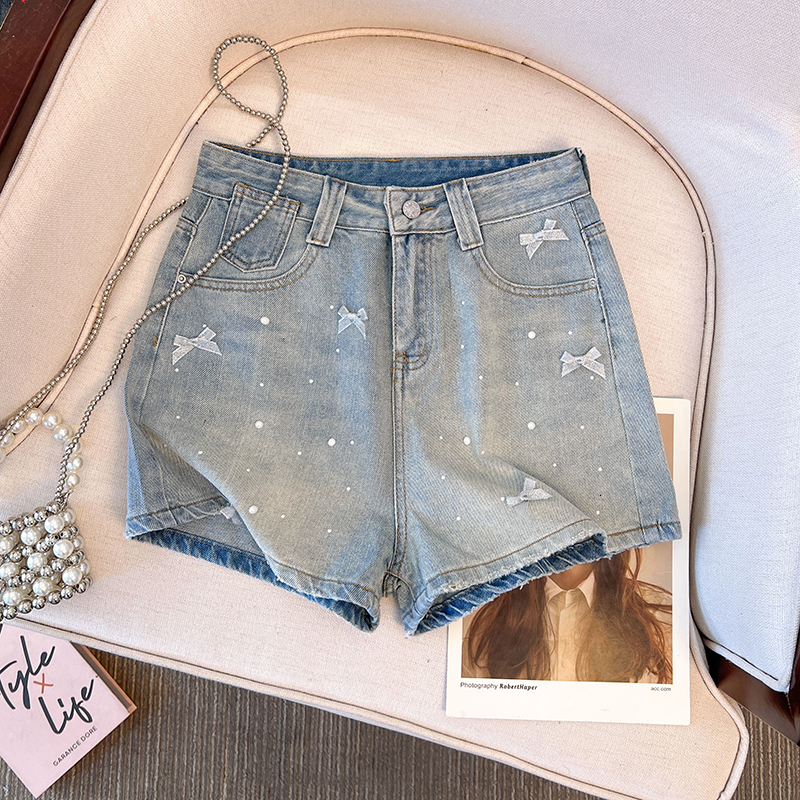 Denim Shorts with Bow and Diamond n for Women High Waists 250224