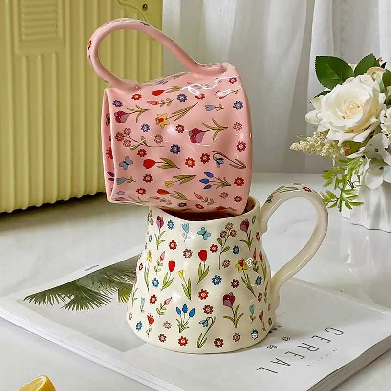 Ceramic Coffee g with Floral Design French Retro Water Cup for Girls Household Off Milk Coffee Broken Flower Cup New H251215